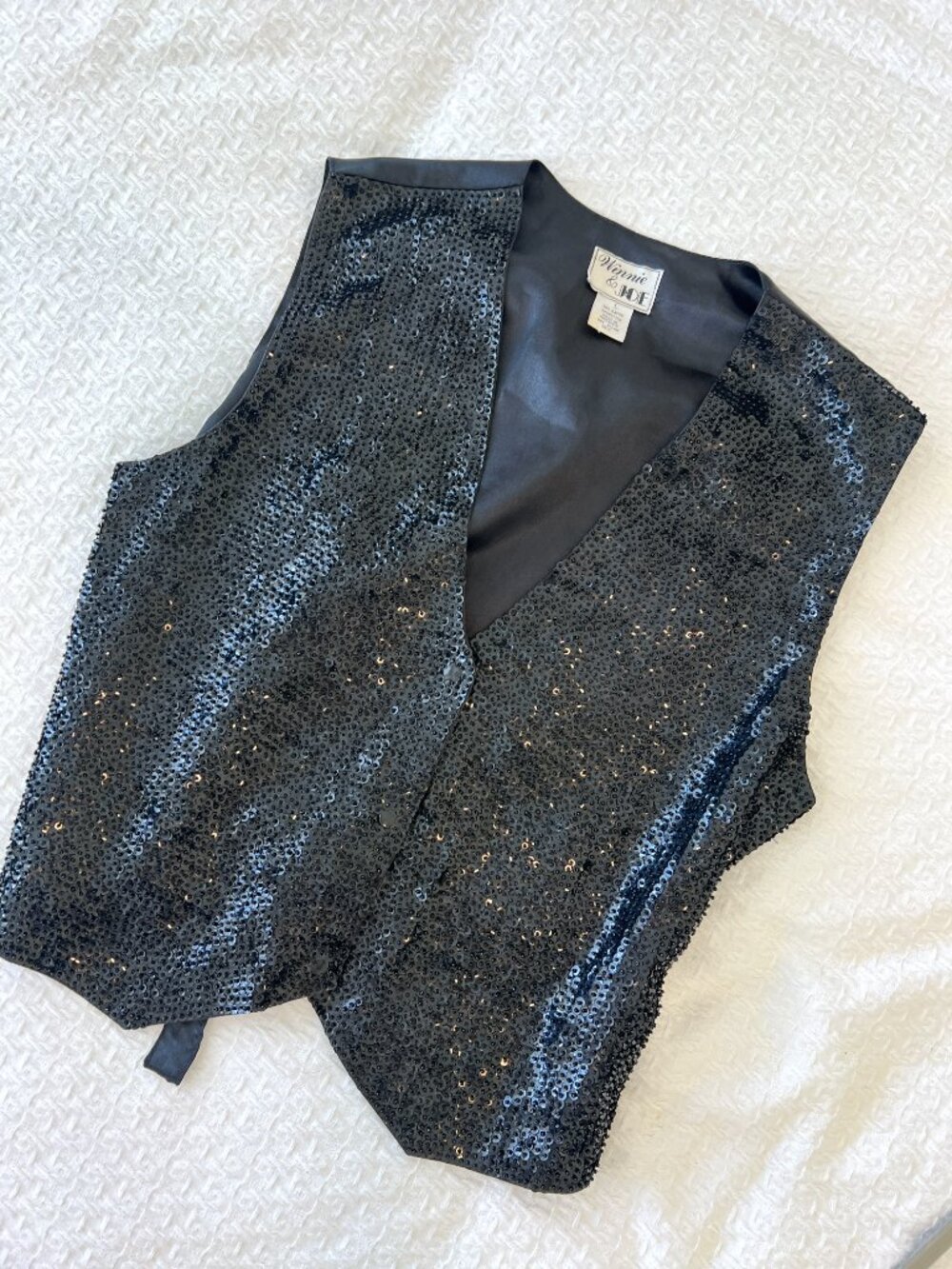 Retro 80's Vest - Sequin Beaded Black Vest - Winnie & Joe - size Large
